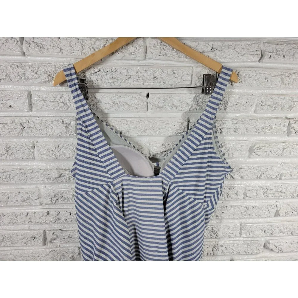 Time Tru Womens Swimsuit 1X Plus One Piece Blue Stripe Plunge Bra STR153E
